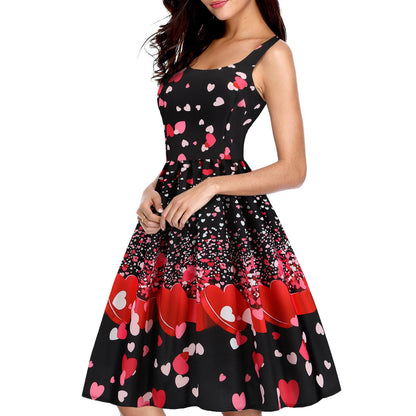 Vestido con vuelo y estampado en forma de corazón con costuras de temperamento del día de San Valentín