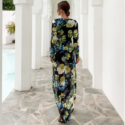 Long sexy printed chiffon dress