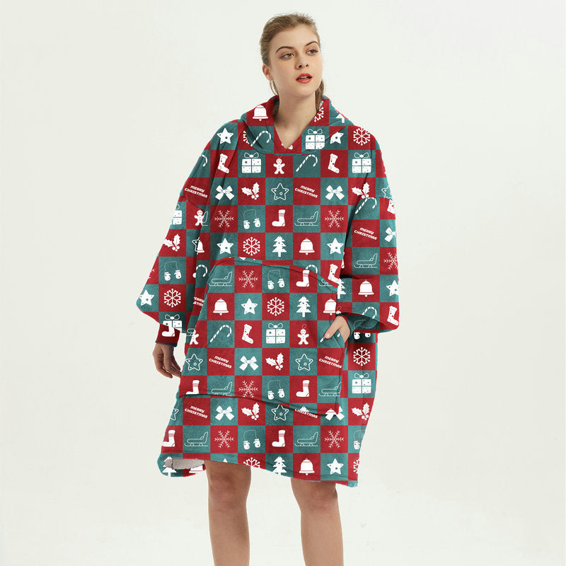 Ovesized Wearable Blanket Hoodie Winter Cute Print Fleece Sleepwaer Warm And Cozy Sofa Homewaer