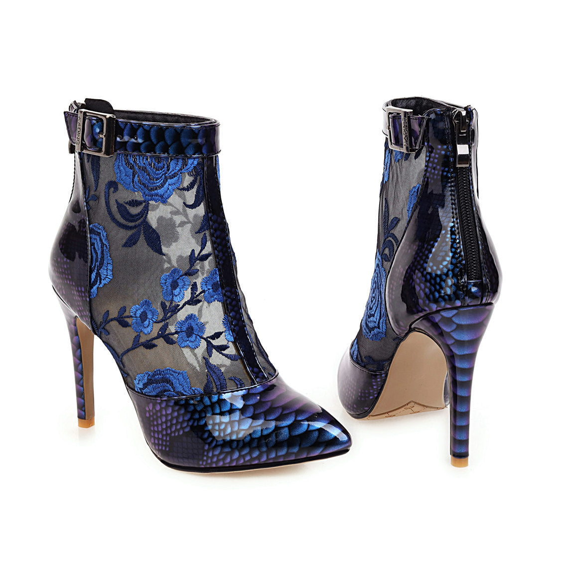 Pointed Ankle Boots Printed Thin Heel & Buckle Zipper