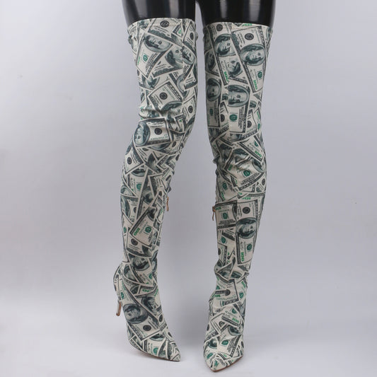 Designer "DOLLA" Print Stiletto Over Knee Boots