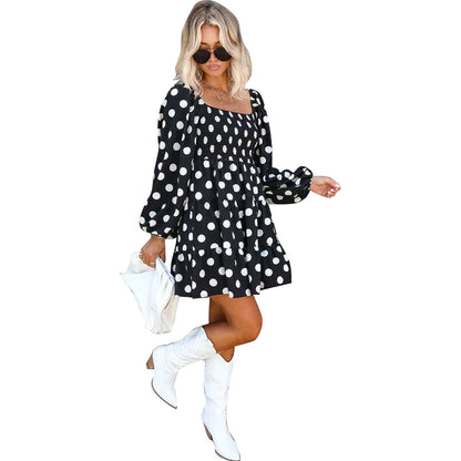 Polka Dot Print Square Neck Lantern Long Sleeve Panel Casual Dress