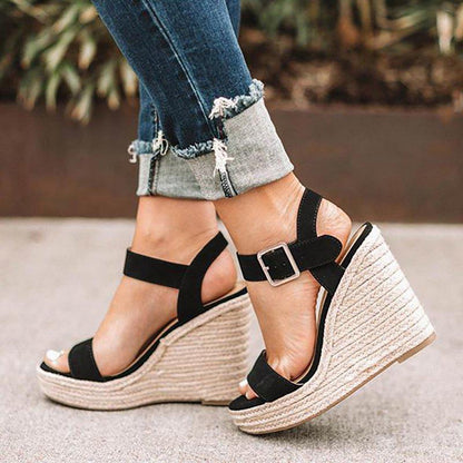 Ankle-wrap Solid Black Open Toe Platform High Heels Wedge