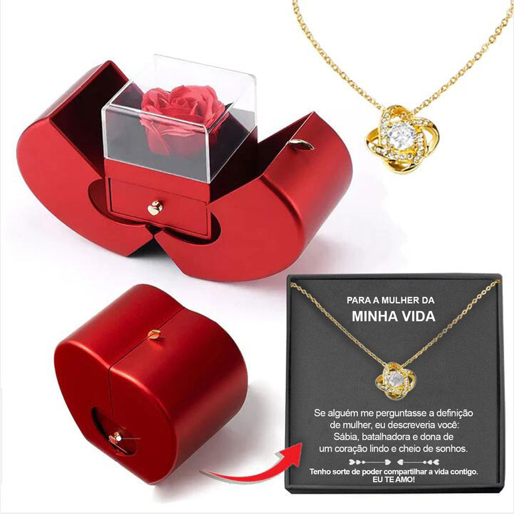 Caja de joyería de moda Manzana roja Collar de regalo de Navidad Rosa eterna para niña Día de la madre Regalos del día de San Valentín con flor artificial Caja de joyería de flor de rosa