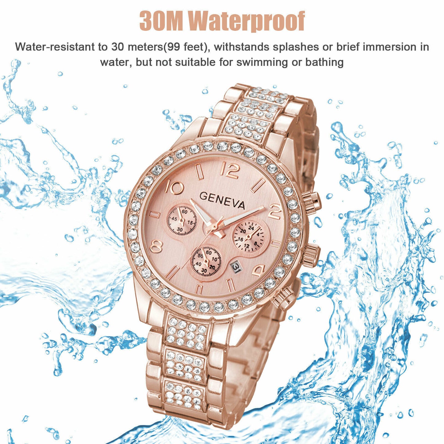 Waterproof Women Luxury Stainless Steel Crystal Quartz Round Watch