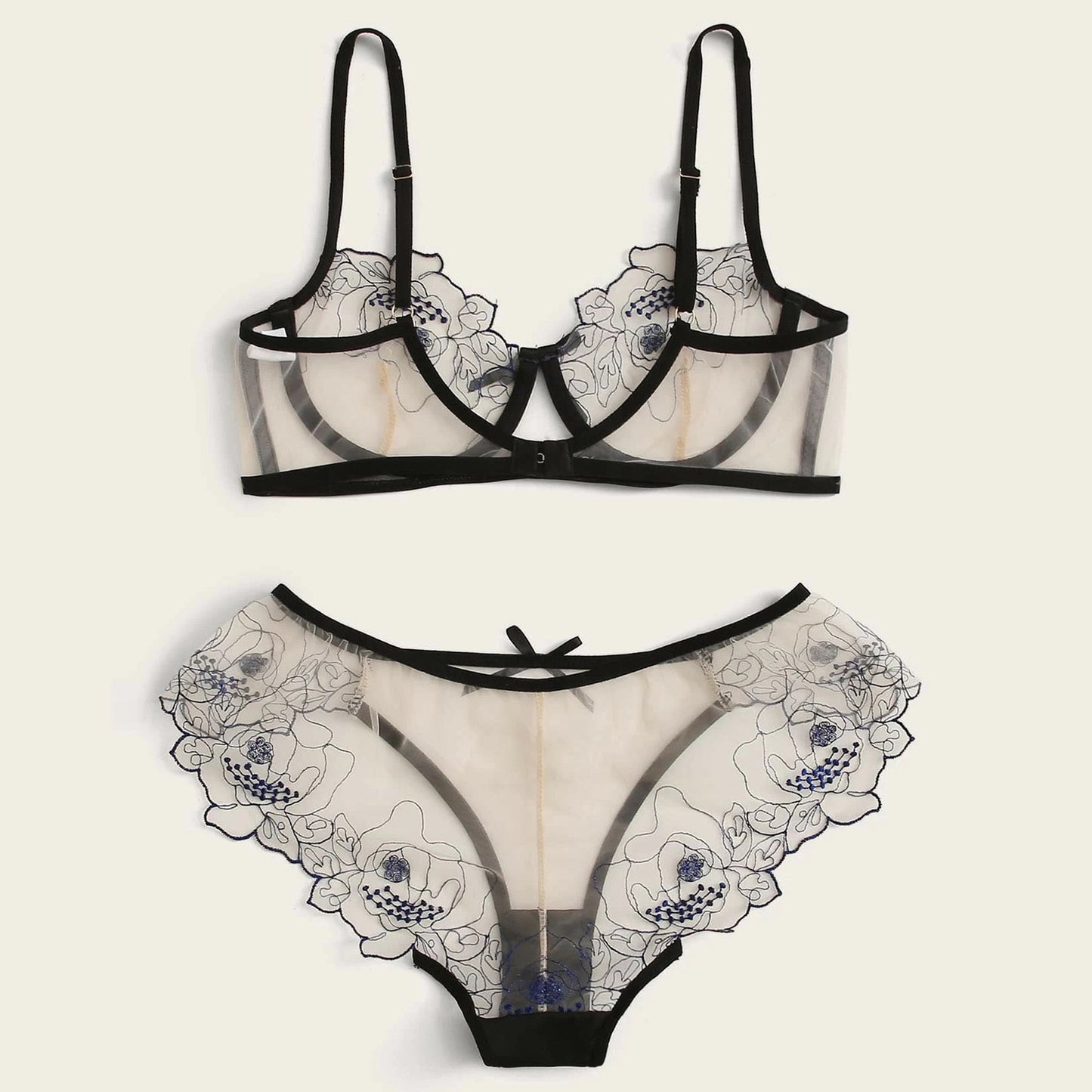 Mesh Embroidered Sheer Lingerie 2pc. Set