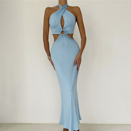 Sexy Fashion Stitching Neck Straps Backless Long Dress