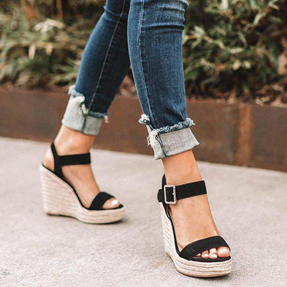 Ankle-wrap Solid Black Open Toe Platform High Heels Wedge