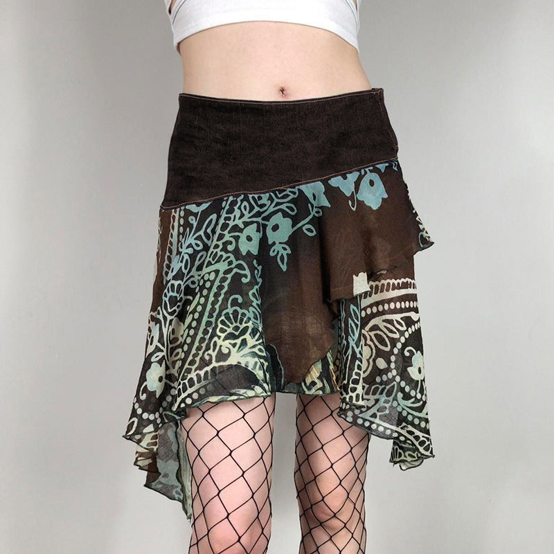 Retro Printed Irregular High Waisted Gauze Skirt