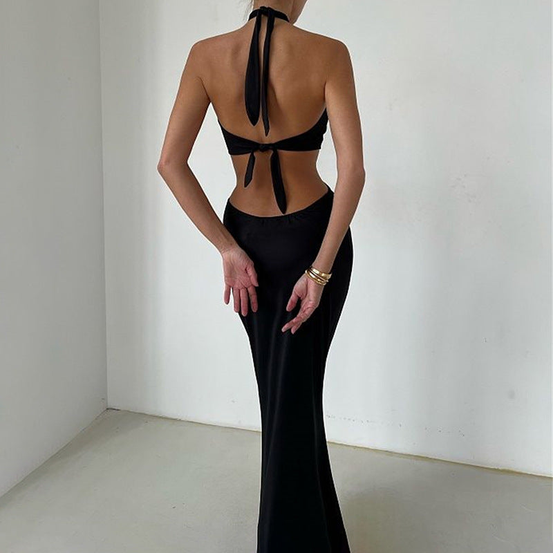 Sexy Fashion Stitching Neck Straps Backless Long Dress