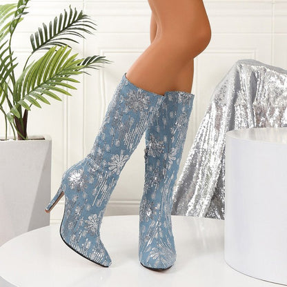 Sequins Flower Denim Pointed-toe Stiletto Boots