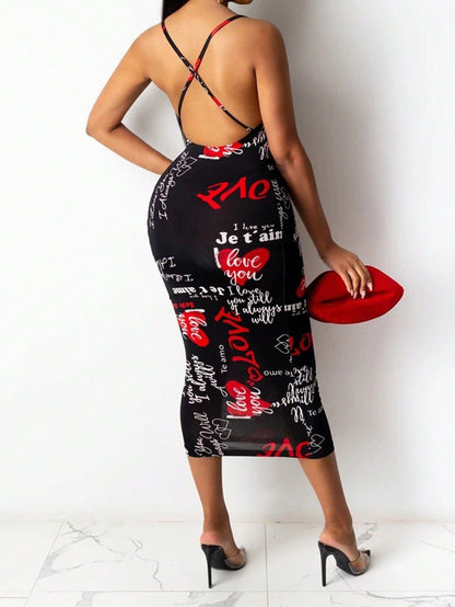 Graceful "LOVE PRINT" Sleeveless Halter Dress