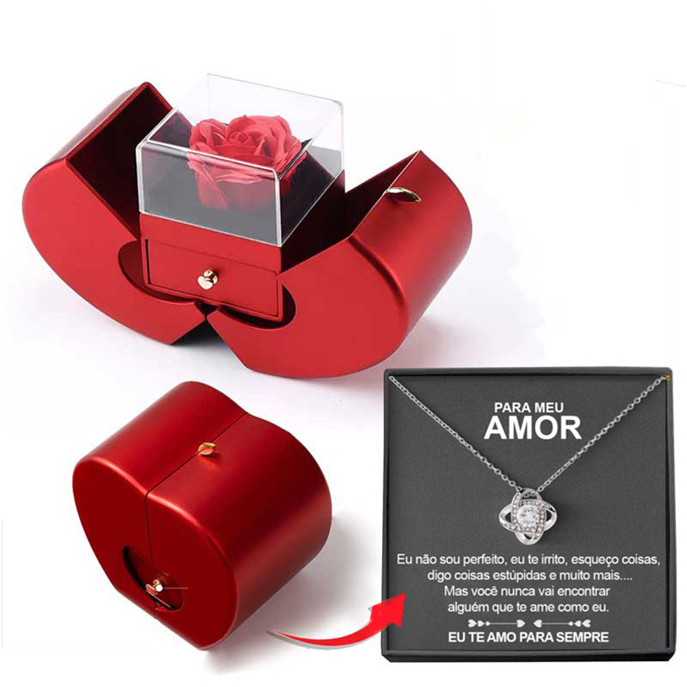 Caja de joyería de moda Manzana roja Collar de regalo de Navidad Rosa eterna para niña Día de la madre Regalos del día de San Valentín con flor artificial Caja de joyería de flor de rosa