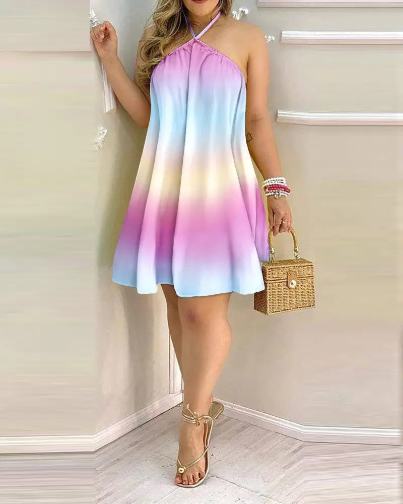 Printed Off-Shoulder Hanging Neck Sleeveless Dress