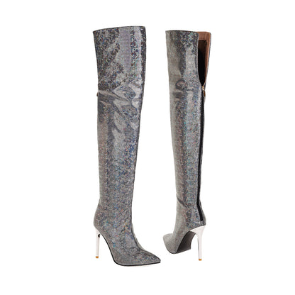 Pointed Toe Stiletto Back Zip Over Knee Boots