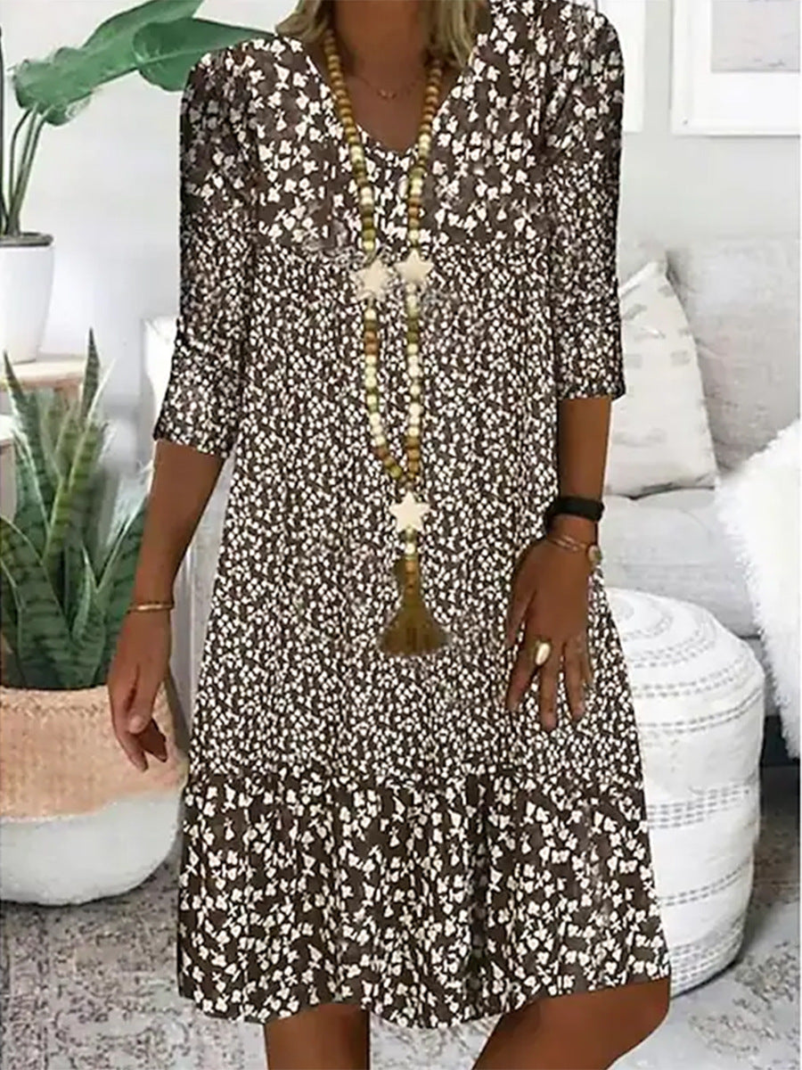 Printed V-neck Mid-length Dress