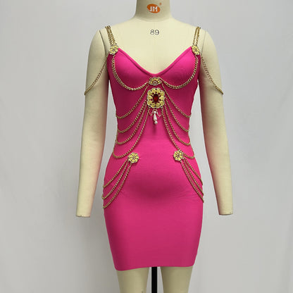 Gold Chain Bandage One-piece Dress