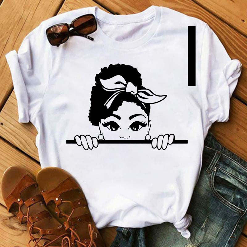 Camiseta de manga corta con estampado de niña negra africana para mujer