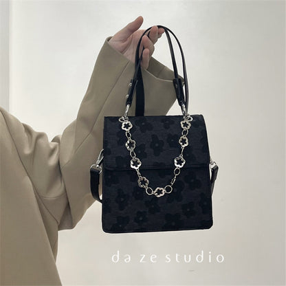 Adorable bolso de mano / bolso cruzado de cuero negro floral retro 