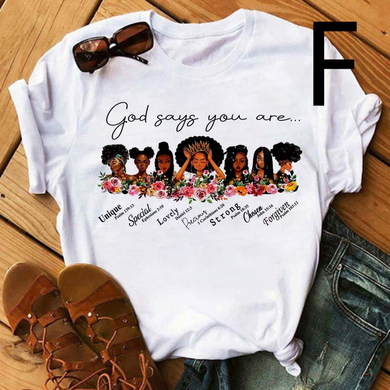 Camiseta de manga corta con estampado de niña negra africana para mujer