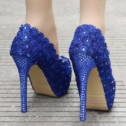 Zapatos de encaje azul con diamantes de imitación de encaje