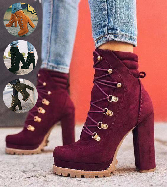 Round Toe Lace UP High Heels Boots Mid Calf