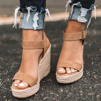 Ankle-wrap Solid Black Open Toe Platform High Heels Wedge