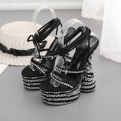 Round Head Rhinestone Thick Ultra-high Heel Sandals