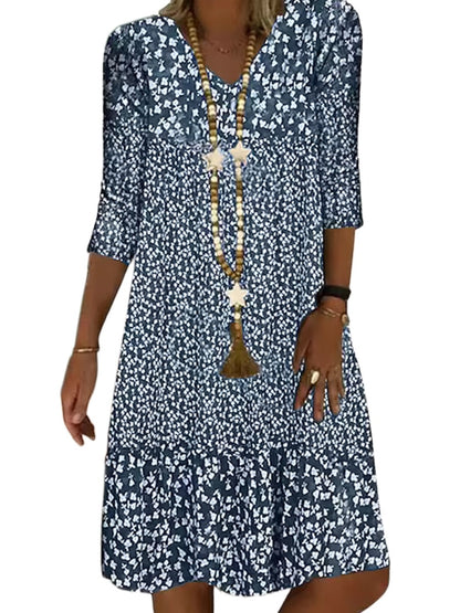 Printed V-neck Mid-length Dress