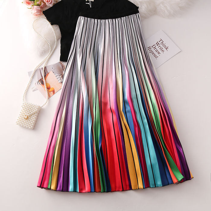 Multi-Color Flowing Pleated Mid-Skirt