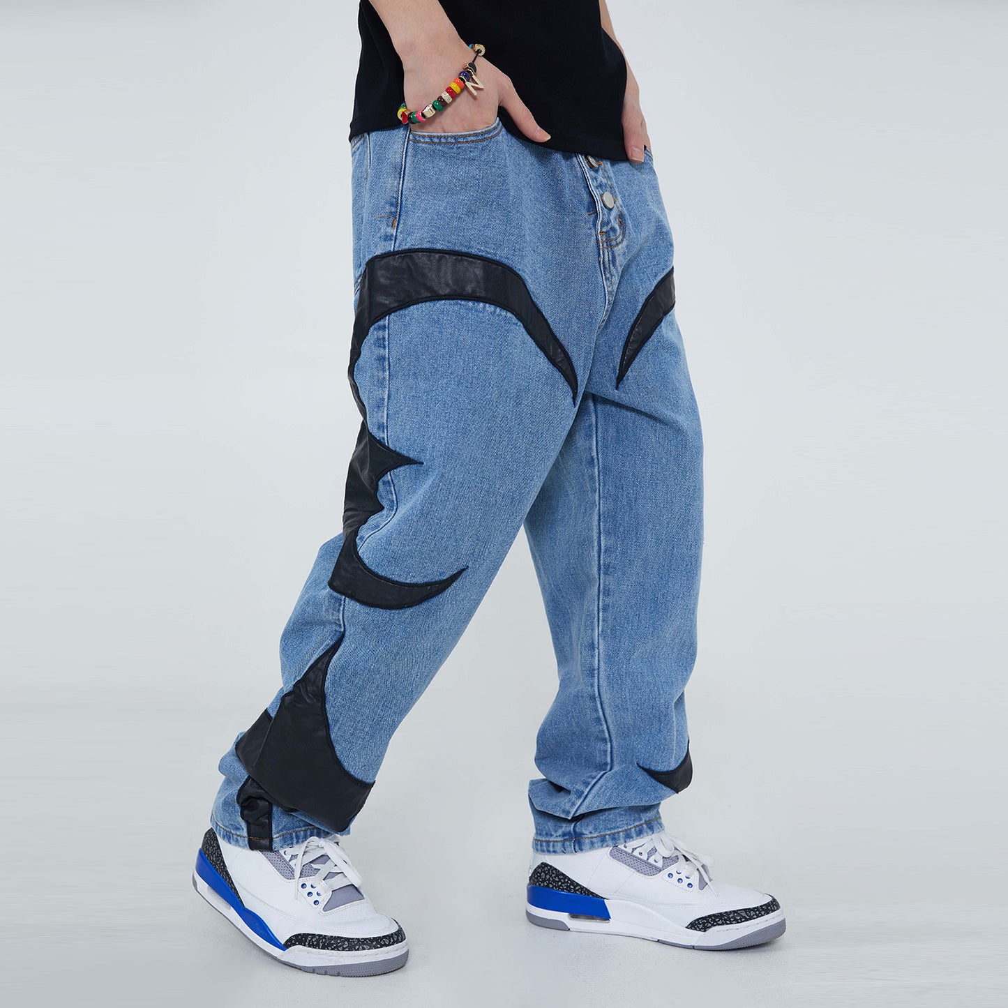 American Retro Jeans Men's PU Leather Stitching