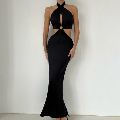 Sexy Fashion Stitching Neck Straps Backless Long Dress