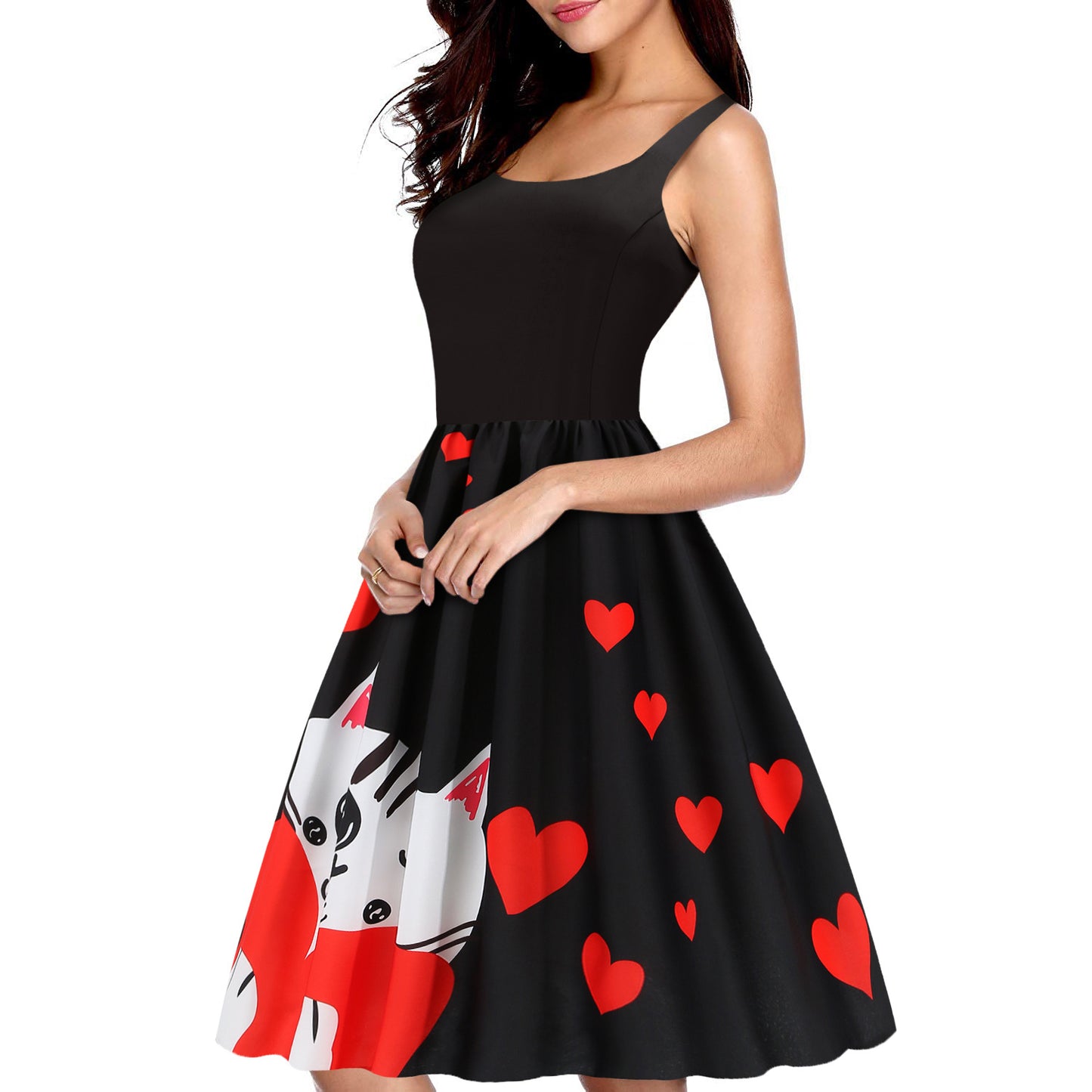 Vestido con vuelo y estampado en forma de corazón con costuras de temperamento del día de San Valentín