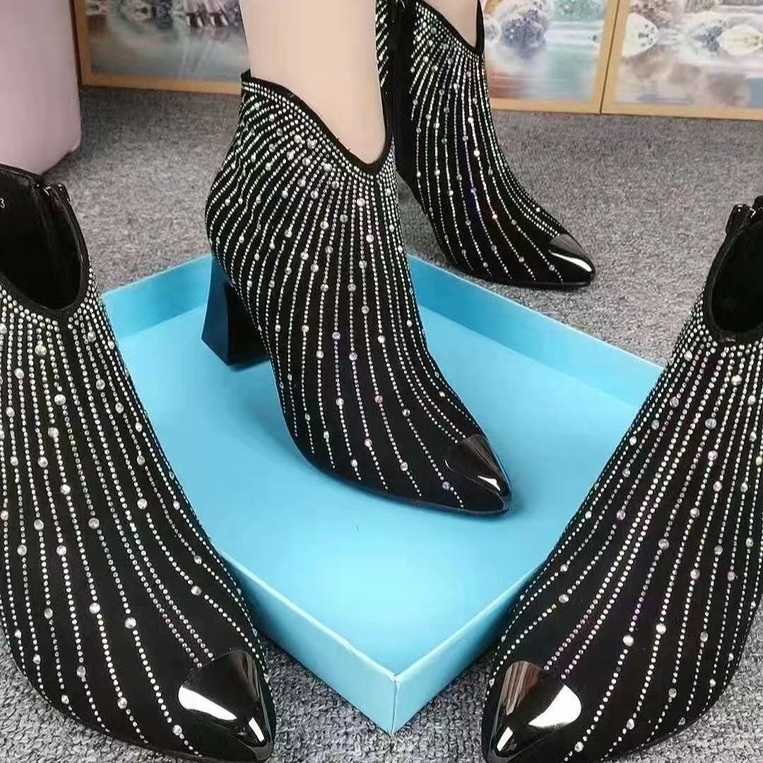 Pointed Toe High Heel Starry Rhinestone Booties