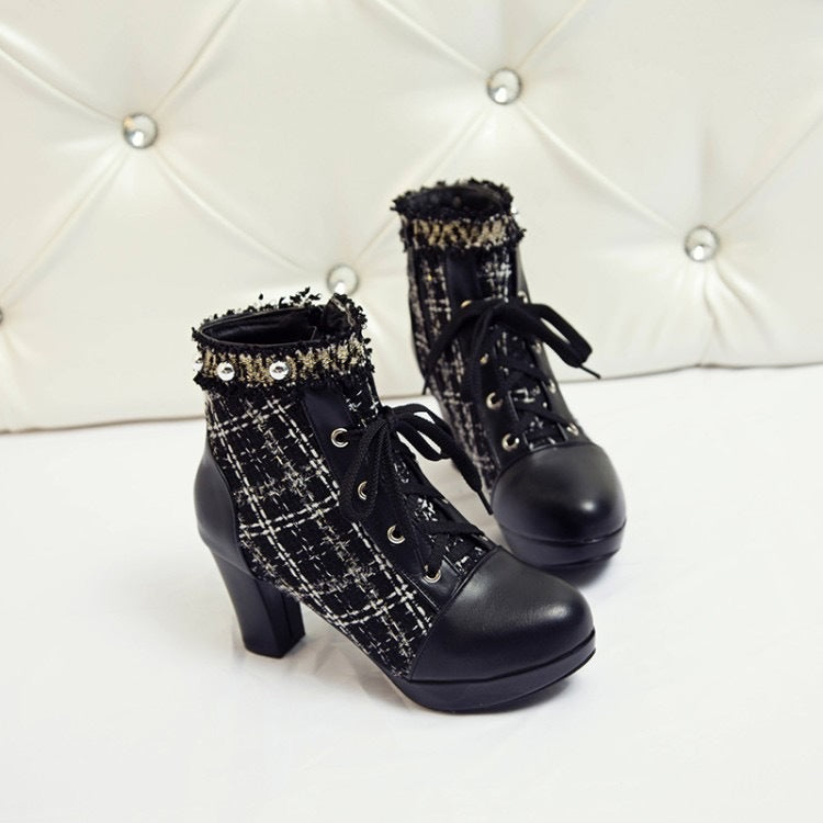 Stitching Lace Sweet Thick Heel Short Boots