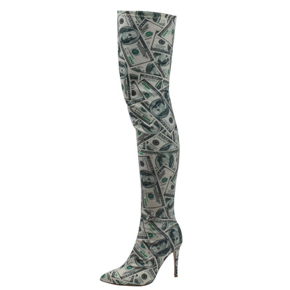 Designer "DOLLA" Print Stiletto Over Knee Boots