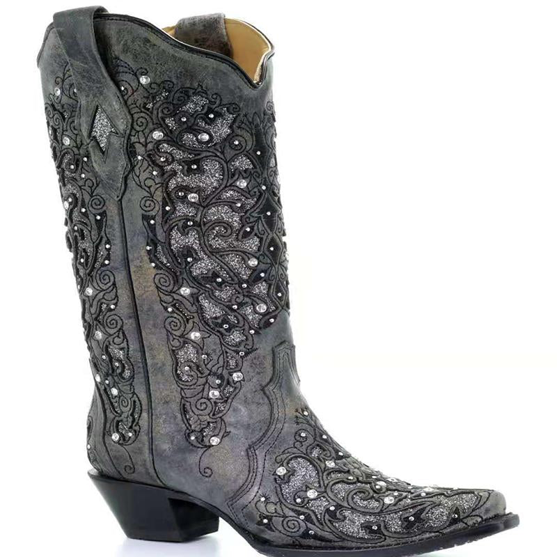 Rhinestone Hollow Flower Stiched High Boots