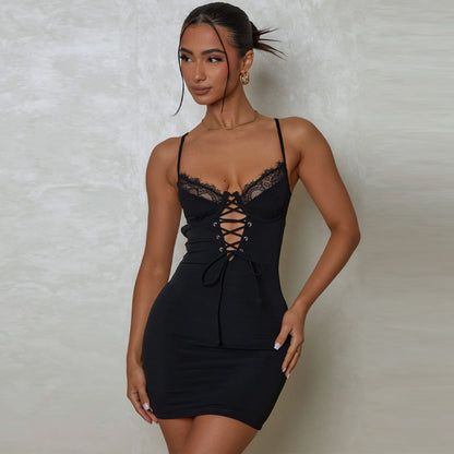 New V-neck Lace Edge Sexy Hollow Suspenders Dress