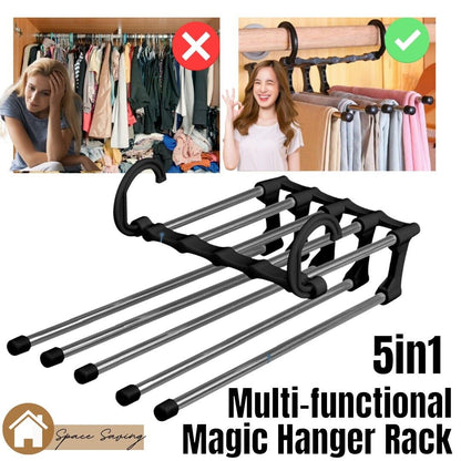 5 In1 Multi-functional Pants Rack Shelves Stainless Steel Wardrobe Magic Hanger