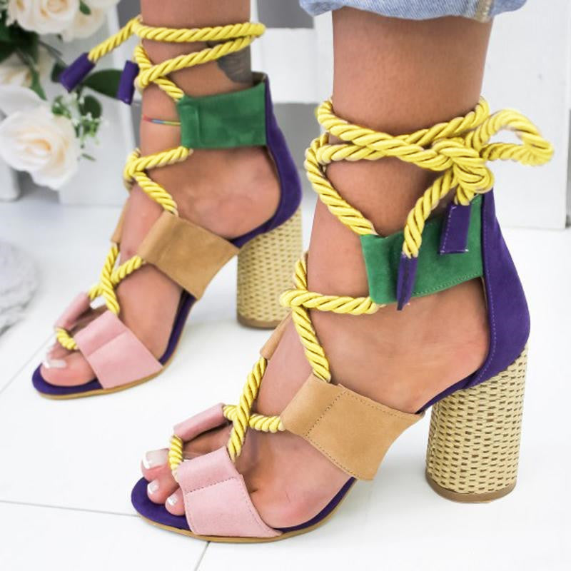 Zapatos de tacón alto con cordones para mujer, sandalias de gladiador para fiesta, zapatos de boda, sandalias de mujer con tacones gruesos