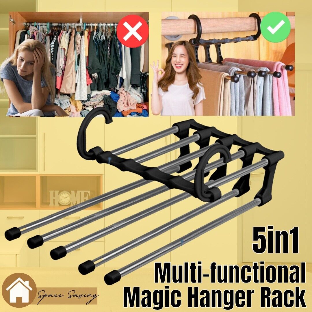 5 In1 Multi-functional Pants Rack Shelves Stainless Steel Wardrobe Magic Hanger