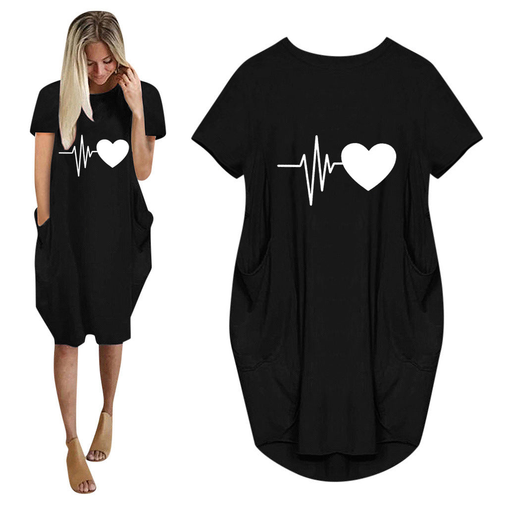 Short-sleeved Heart-shaped Print Dress