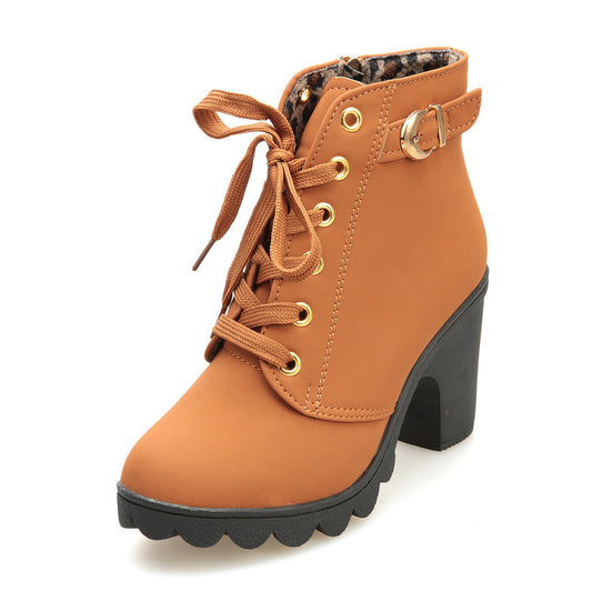 Women  Women Martin Boots Woman Ankle Boots Lace-up Ladies High Heel Shoes Vintage Women Boots