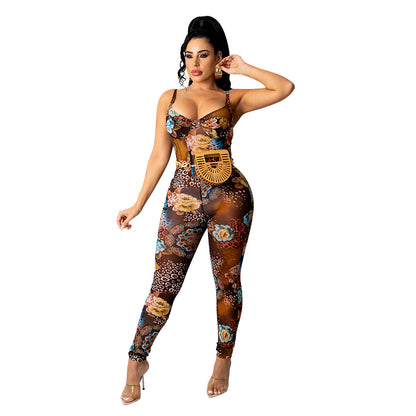 Women's Mesh Printed Jumpsuit Trousers