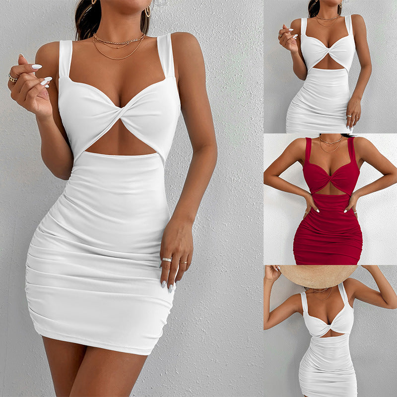 Solid Color Square Neck Sleeveless High Waist Hip Dress