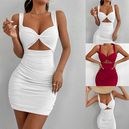 Solid Color Square Neck Sleeveless High Waist Hip Dress