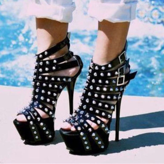 Riveted Hollow Super-high Heel Stiletto Platform Sandals