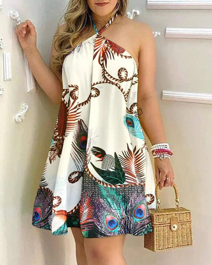 Printed Off-Shoulder Hanging Neck Sleeveless Dress