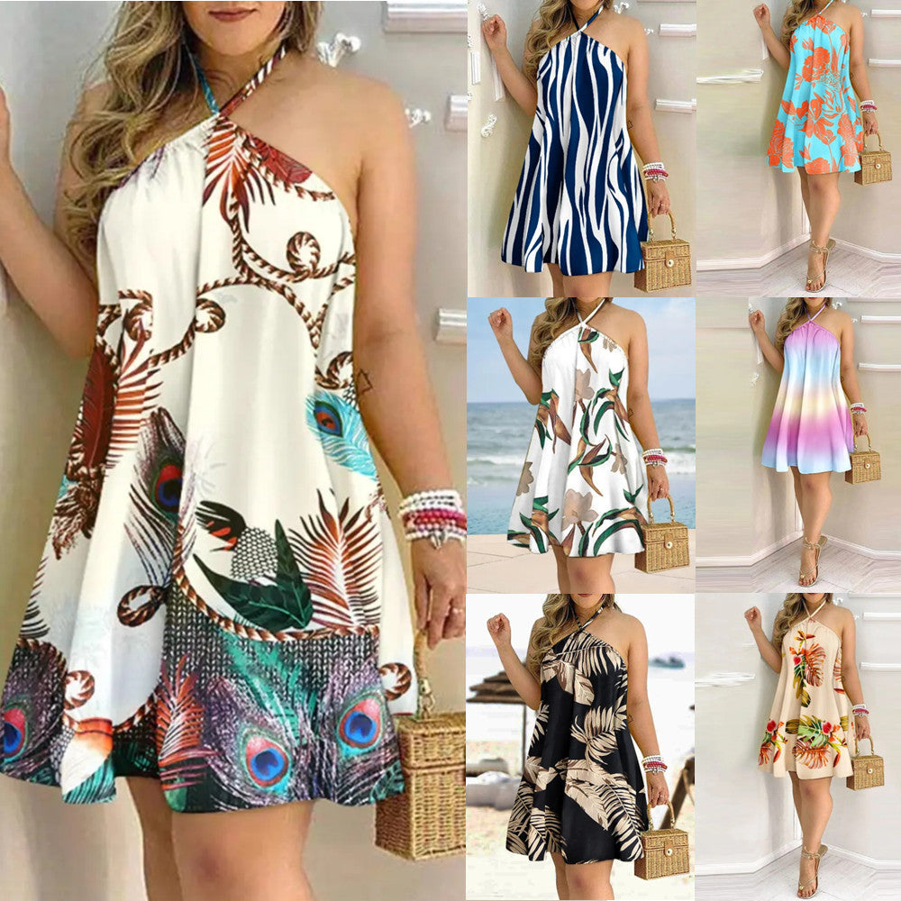 Printed Off-Shoulder Hanging Neck Sleeveless Dress