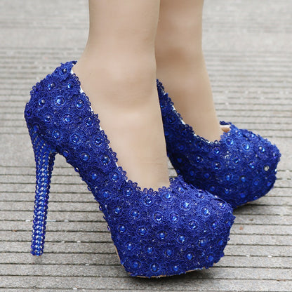 Zapatos de encaje azul con diamantes de imitación de encaje